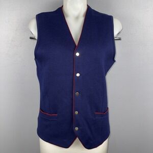 Burdones FL Vintage Wool Blend Vest M Navy Blue Red Piping Gold-Tone Buttons 90'